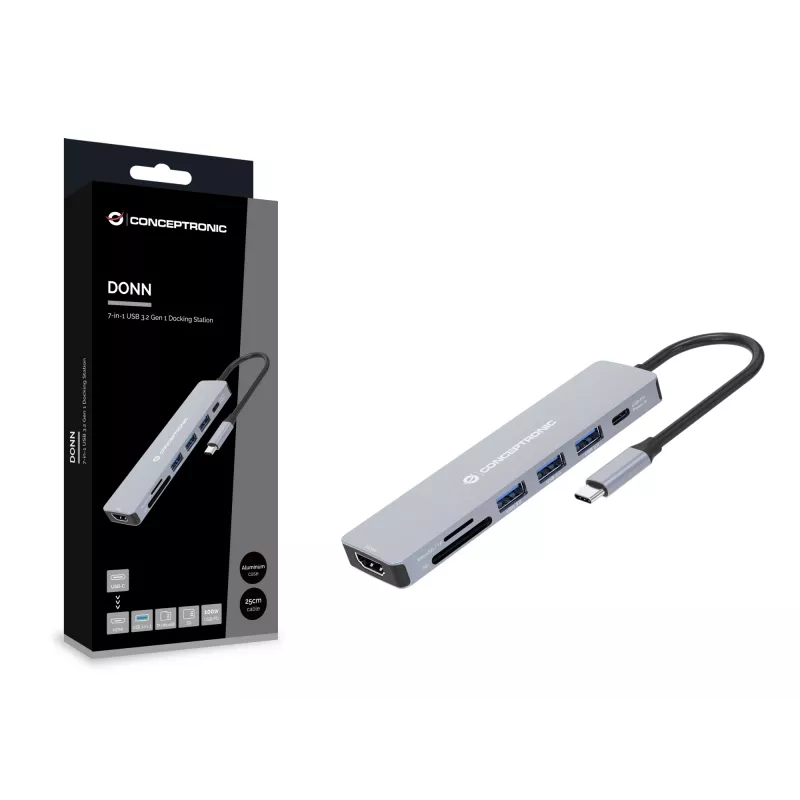 Conceptronic DONN19G 7-i-1 USB 3.2 Gen 1 dokinė stotelė, HDMI, USB-A 3.0 x 3, SD, TF/MicroSD, 100 W USB PD