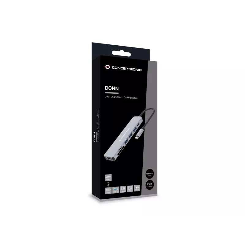 Conceptronic DONN19G 7-i-1 USB 3.2 Gen 1 dokinė stotelė, HDMI, USB-A 3.0 x 3, SD, TF/MicroSD, 100 W USB PD