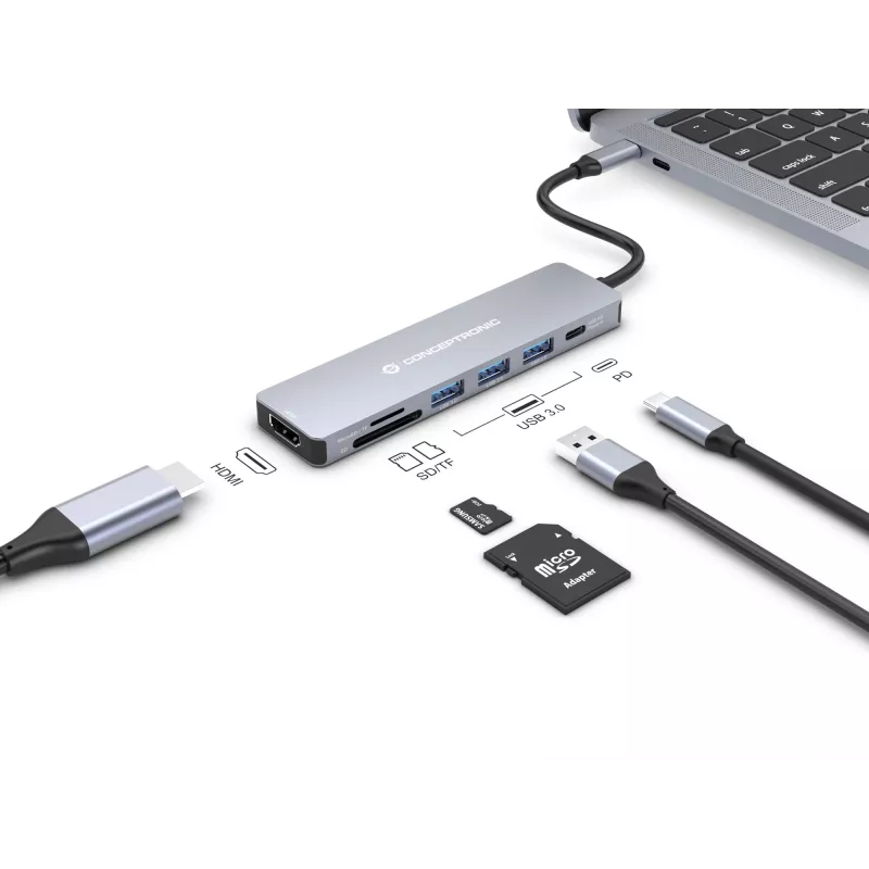 Conceptronic DONN19G 7-i-1 USB 3.2 Gen 1 dokinė stotelė, HDMI, USB-A 3.0 x 3, SD, TF/MicroSD, 100 W USB PD
