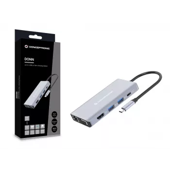 Conceptronic DONN20G 10-in-1 USB 3.2 Gen 1 Dokų Stotelė, HDMI, VGA, USB-A 3.0 x 3, SD, TF/MicroSD, Garsas, GbE LAN, 100W USB PD