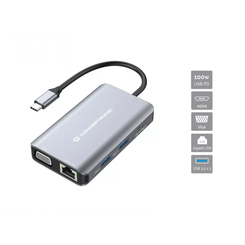 Conceptronic DONN21G nešiojamojo kompiuterio dokas / prievado replikatorius, laidinis USB 3.2 Gen 1 (3.1 Gen 1) Type-C, pilka
