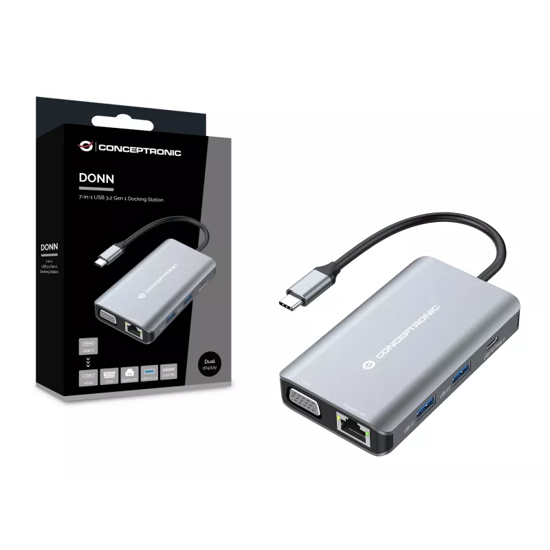 Conceptronic DONN21G nešiojamojo kompiuterio dokas / prievado replikatorius, laidinis USB 3.2 Gen 1 (3.1 Gen 1) Type-C, pilka