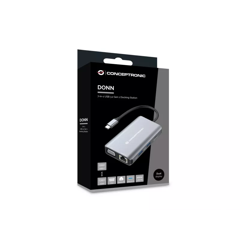 Conceptronic DONN21G nešiojamojo kompiuterio dokas / prievado replikatorius, laidinis USB 3.2 Gen 1 (3.1 Gen 1) Type-C, pilka