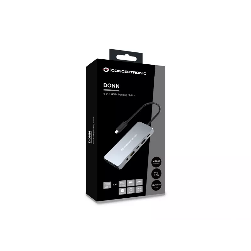 Conceptronic DONN22G nešiojamojo kompiuterio dokas/portų replikatorius Laidinis USB 3.2 Gen 2 (3.1 Gen 2) Type-C pilka