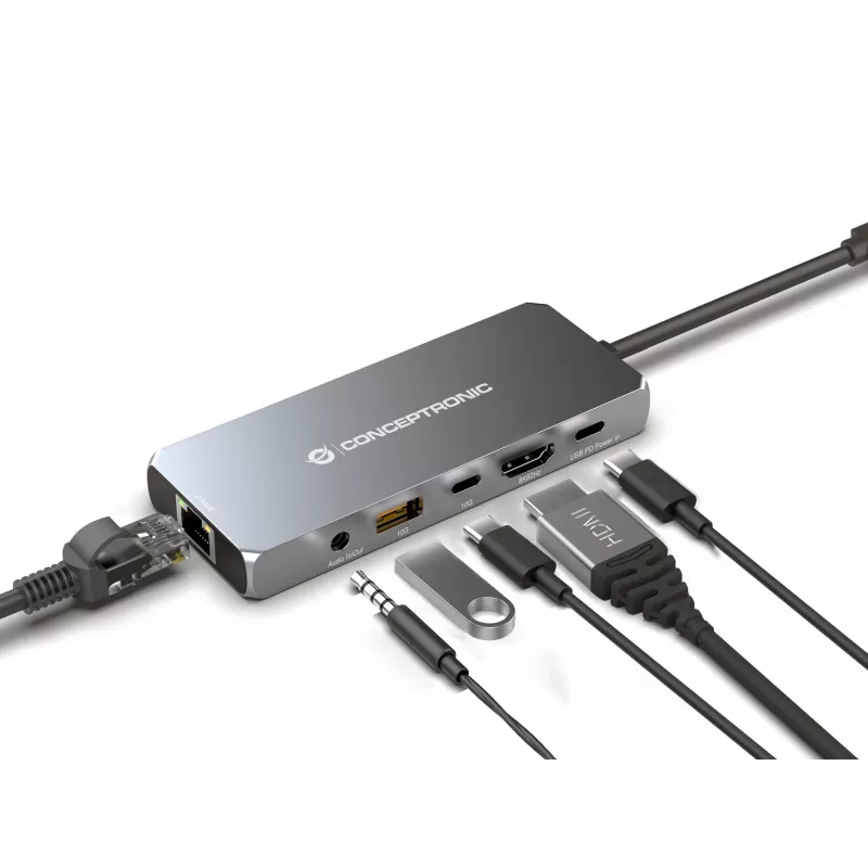 Conceptronic DONN22G nešiojamojo kompiuterio dokas/portų replikatorius Laidinis USB 3.2 Gen 2 (3.1 Gen 2) Type-C pilka