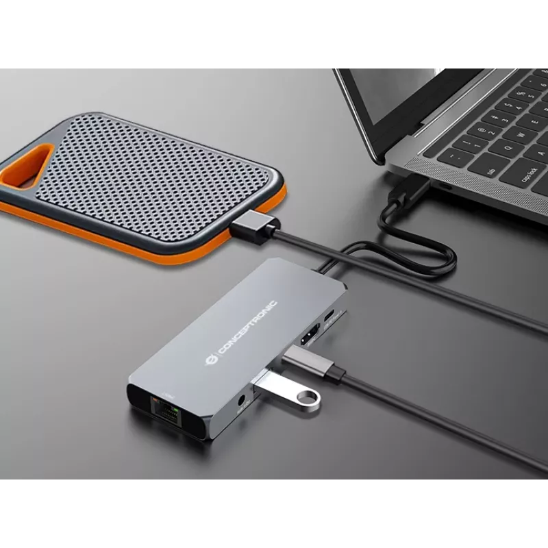 Conceptronic DONN22G nešiojamojo kompiuterio dokas/portų replikatorius Laidinis USB 3.2 Gen 2 (3.1 Gen 2) Type-C pilka