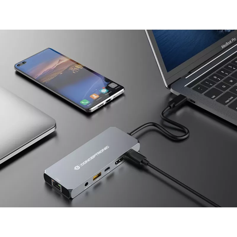 Conceptronic DONN22G nešiojamojo kompiuterio dokas/portų replikatorius Laidinis USB 3.2 Gen 2 (3.1 Gen 2) Type-C pilka