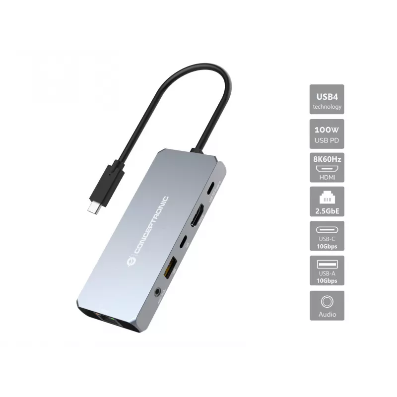Conceptronic DONN22G nešiojamojo kompiuterio dokas/portų replikatorius Laidinis USB 3.2 Gen 2 (3.1 Gen 2) Type-C pilka