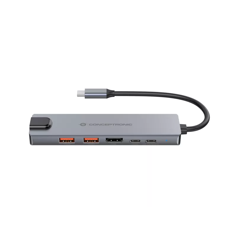 Conceptronic DONN29G 6-in-1 USB 3.2 Gen 2 prijungimo stotelė, 4K60Hz HDMI, USB-A 10Gbps x 2, USB-C 10Gbps, GbE LAN, 140W USB PD 3.1