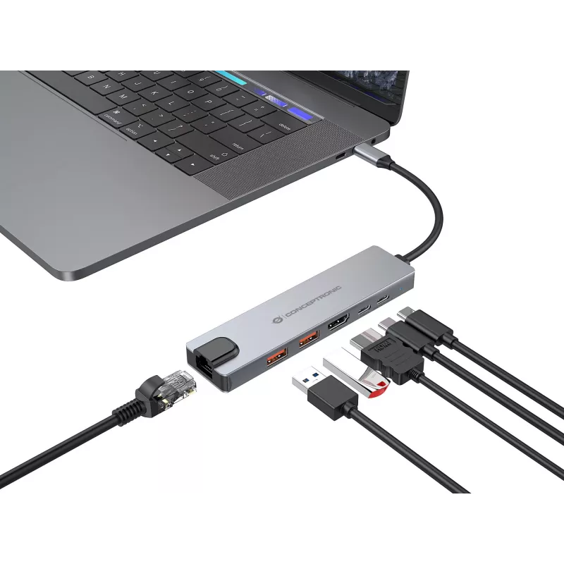 Conceptronic DONN29G 6-in-1 USB 3.2 Gen 2 prijungimo stotelė, 4K60Hz HDMI, USB-A 10Gbps x 2, USB-C 10Gbps, GbE LAN, 140W USB PD 3.1
