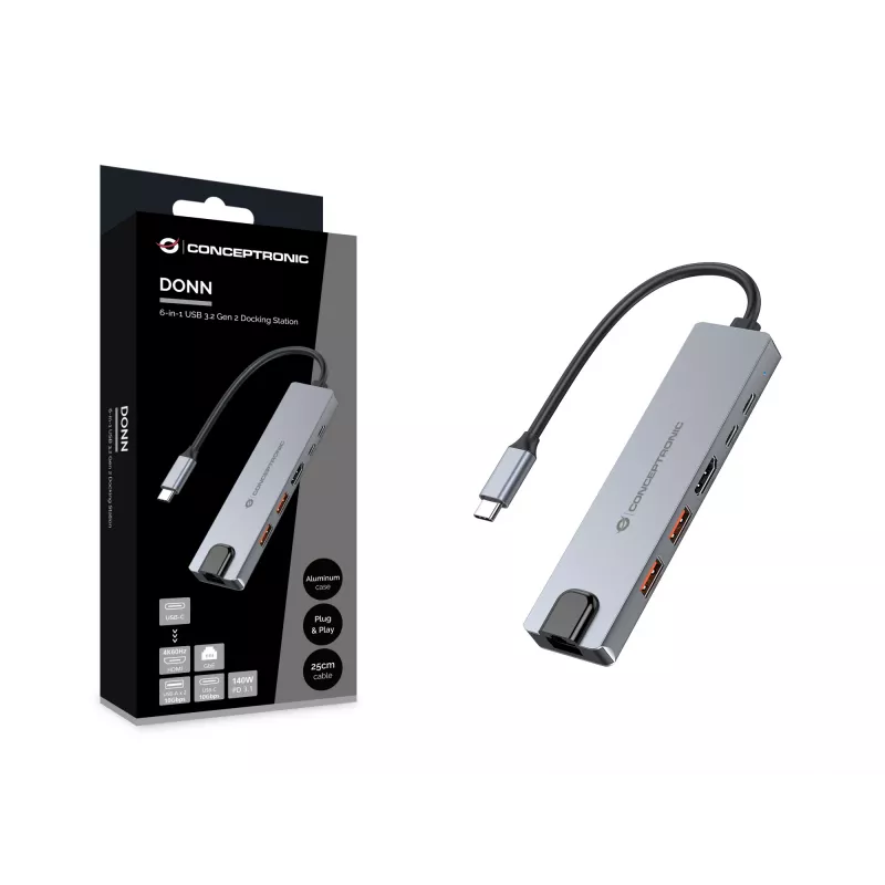 Conceptronic DONN29G 6-in-1 USB 3.2 Gen 2 prijungimo stotelė, 4K60Hz HDMI, USB-A 10Gbps x 2, USB-C 10Gbps, GbE LAN, 140W USB PD 3.1