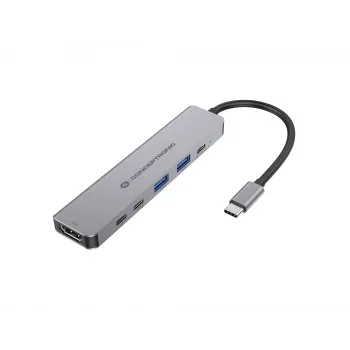 6-in-1 USB 3.2 Gen 1 dokacijos stotelė CONCEPTRONIC DONN33G HDMI, 2×USB-A 5Gbps, 2×USB-C 5Gbps, 100W USB PD, sidabrinė