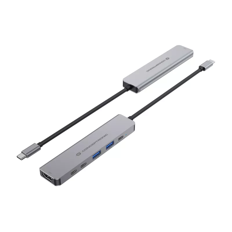 6-in-1 USB 3.2 Gen 1 dokacijos stotelė CONCEPTRONIC DONN33G HDMI, 2×USB-A 5Gbps, 2×USB-C 5Gbps, 100W USB PD, sidabrinė