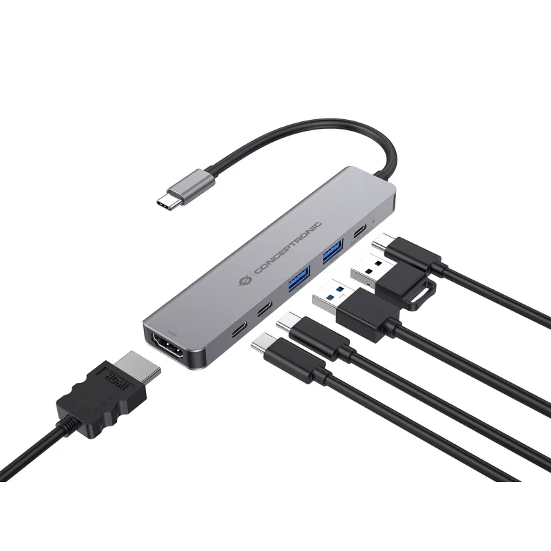 6-in-1 USB 3.2 Gen 1 dokacijos stotelė CONCEPTRONIC DONN33G HDMI, 2×USB-A 5Gbps, 2×USB-C 5Gbps, 100W USB PD, sidabrinė