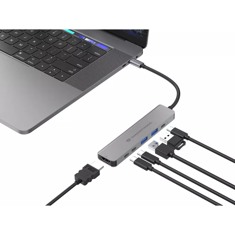 6-in-1 USB 3.2 Gen 1 dokacijos stotelė CONCEPTRONIC DONN33G HDMI, 2×USB-A 5Gbps, 2×USB-C 5Gbps, 100W USB PD, sidabrinė