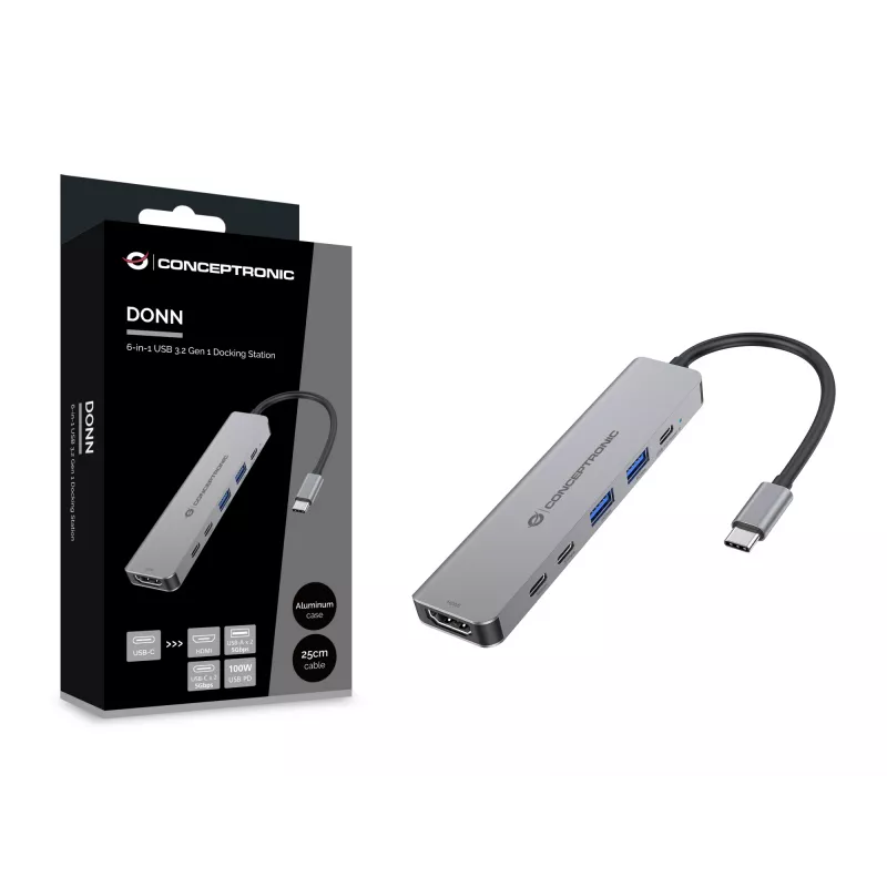 6-in-1 USB 3.2 Gen 1 dokacijos stotelė CONCEPTRONIC DONN33G HDMI, 2×USB-A 5Gbps, 2×USB-C 5Gbps, 100W USB PD, sidabrinė