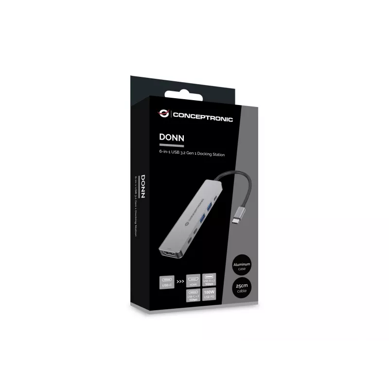 6-in-1 USB 3.2 Gen 1 dokacijos stotelė CONCEPTRONIC DONN33G HDMI, 2×USB-A 5Gbps, 2×USB-C 5Gbps, 100W USB PD, sidabrinė