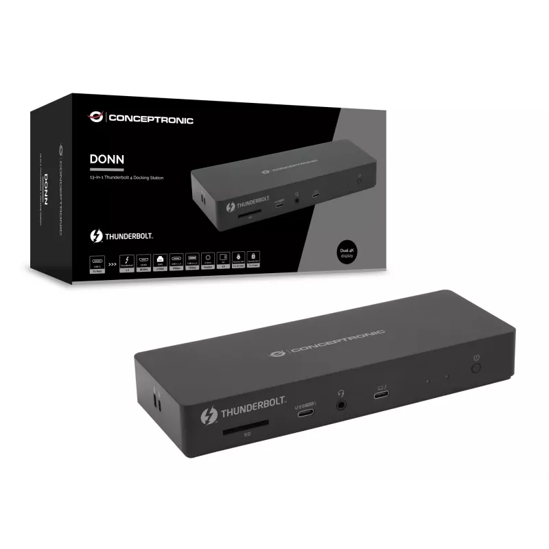 Conceptronic DONN30B 13 viename Thunderbolt 4 dokinė stotelė, laidinis, Thunderbolt 4, 96 W, 3,5 mm, 10,100,1000,2000,2500 Mbit/s, IEEE 802.3bz