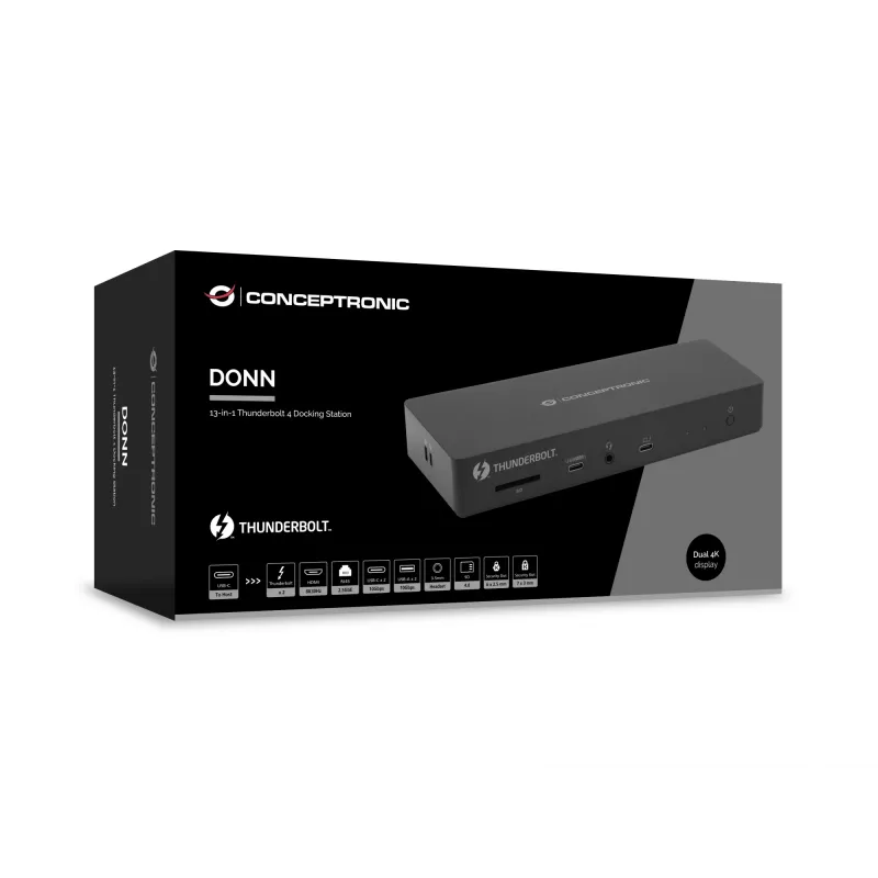 Conceptronic DONN30B 13 viename Thunderbolt 4 dokinė stotelė, laidinis, Thunderbolt 4, 96 W, 3,5 mm, 10,100,1000,2000,2500 Mbit/s, IEEE 802.3bz