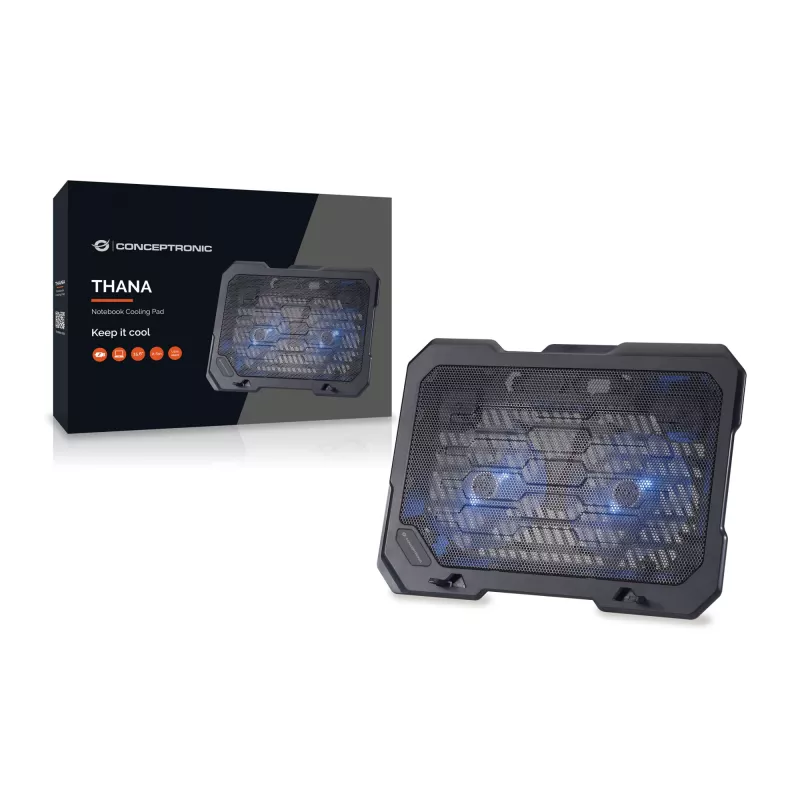 Conceptronic THANA nešiojamojo kompiuterio aušinimo pagalvėlė, tinka ekranams iki 15,6 colio, 2 ventiliatoriai