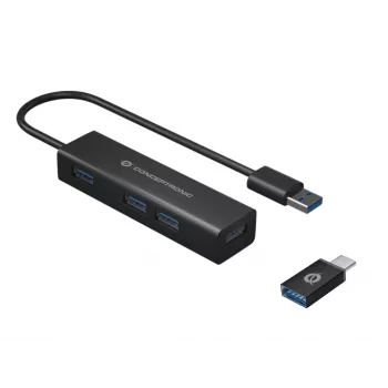 Conceptronic 4 prievadų USB 3.0 aliuminis šakotuvas su USB-C į USB-A adapteriu
