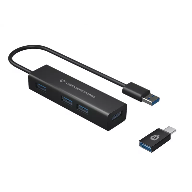 Conceptronic 4 prievadų USB 3.0 aliuminis šakotuvas su USB-C į USB-A adapteriu