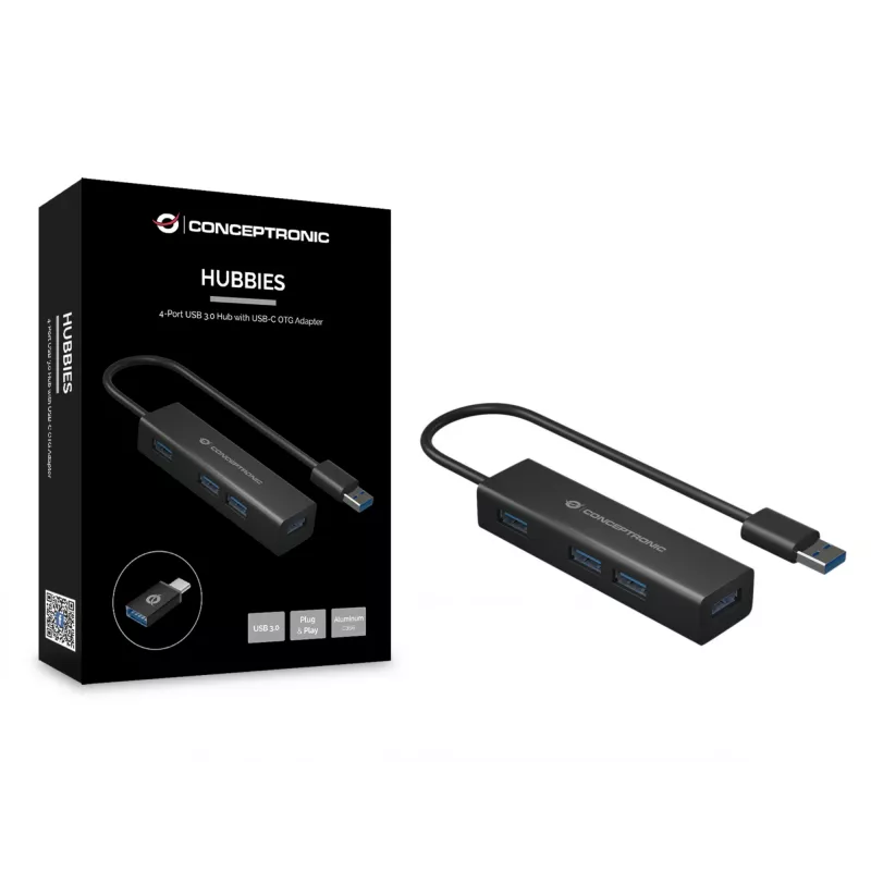 Conceptronic 4 prievadų USB 3.0 aliuminis šakotuvas su USB-C į USB-A adapteriu