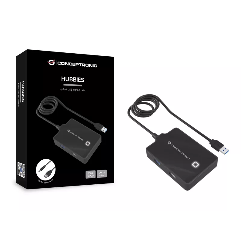 Conceptronic HUBBIES 4 prievadų USB 3.0/2.0 šakotuvas, 90 cm laidas, USB 3.2 Gen 1 (3.1 Gen 1) Type-A, Juoda, USB 2.0, USB 3.2 Gen 1 (3.1 Gen 1) Type-A, China, 87 mm, 55 mm