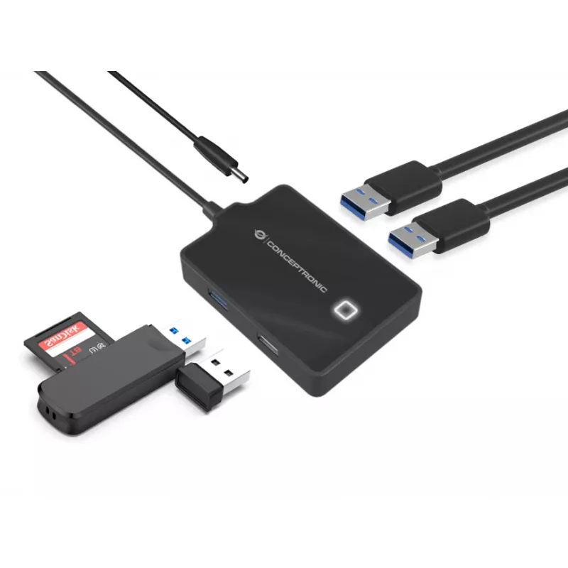 Conceptronic HUBBIES 4 prievadų USB 3.0/2.0 šakotuvas, 90 cm laidas, USB 3.2 Gen 1 (3.1 Gen 1) Type-A, Juoda, USB 2.0, USB 3.2 Gen 1 (3.1 Gen 1) Type-A, China, 87 mm, 55 mm