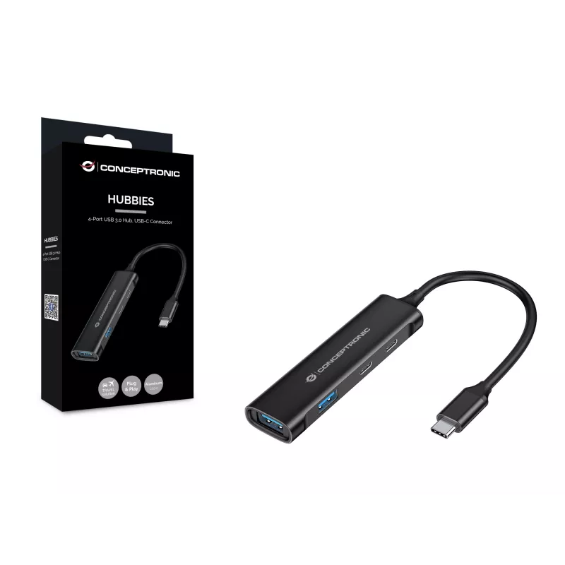 Conceptronic HUBBIES 4 prievadų USB 3.0 šakotuvas, 2 USB-C ir 2 USB-A prievadai, aliuminio korpusas, USB-C jungtis