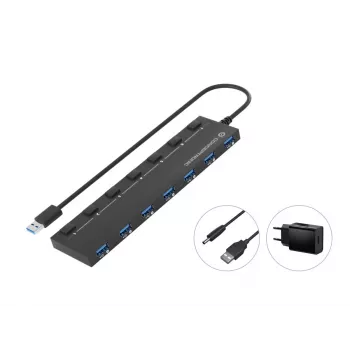 Conceptronic HUBBIES19BP 7 prievadų USB 3.0 šakotuvas su maitinimo adapteriu, 90 cm kabelis, individualus maitinimo jungiklis, USB 3.2 Gen 1