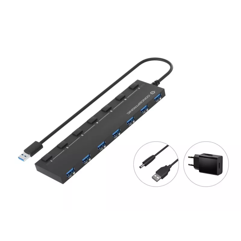 Conceptronic HUBBIES19BP 7 prievadų USB 3.0 šakotuvas su maitinimo adapteriu, 90 cm kabelis, individualus maitinimo jungiklis, USB 3.2 Gen 1