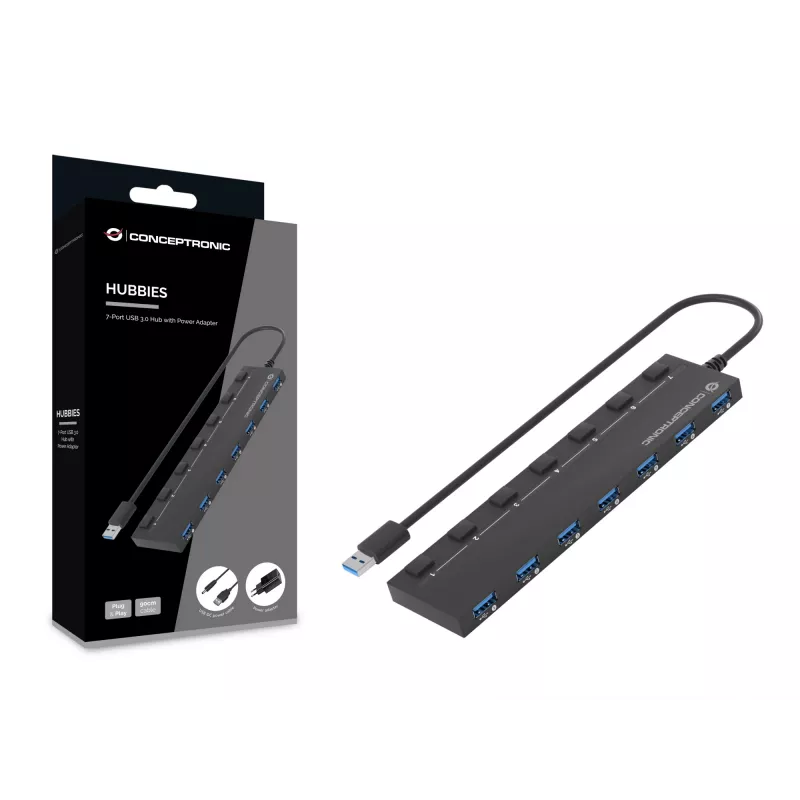 Conceptronic HUBBIES19BP 7 prievadų USB 3.0 šakotuvas su maitinimo adapteriu, 90 cm kabelis, individualus maitinimo jungiklis, USB 3.2 Gen 1