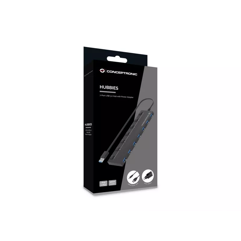 Conceptronic HUBBIES19BP 7 prievadų USB 3.0 šakotuvas su maitinimo adapteriu, 90 cm kabelis, individualus maitinimo jungiklis, USB 3.2 Gen 1