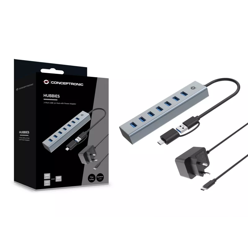 Conceptronic HUBBIES21GP 7 prievadų USB 3.0 šakotuvas su maitinimo adapteriu, 5 Gbps, USB-A x 7