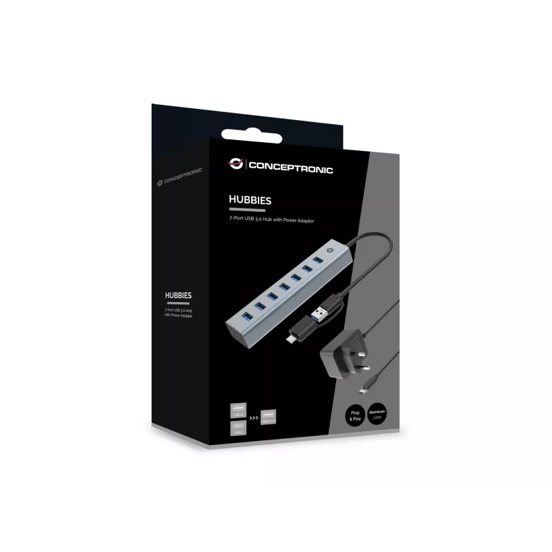 Conceptronic HUBBIES21GP 7 prievadų USB 3.0 šakotuvas su maitinimo adapteriu, 5 Gbps, USB-A x 7