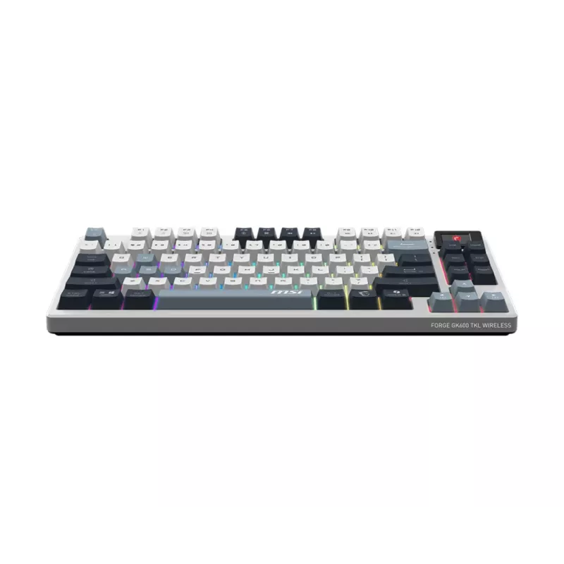 Klaviatūra MSI FORGE GK600 TKL WIRELESS SKY — Beklavišė mechaninė, USB + Bluetooth, QWERTY JK anglų, RGB, mėlyna/balta
