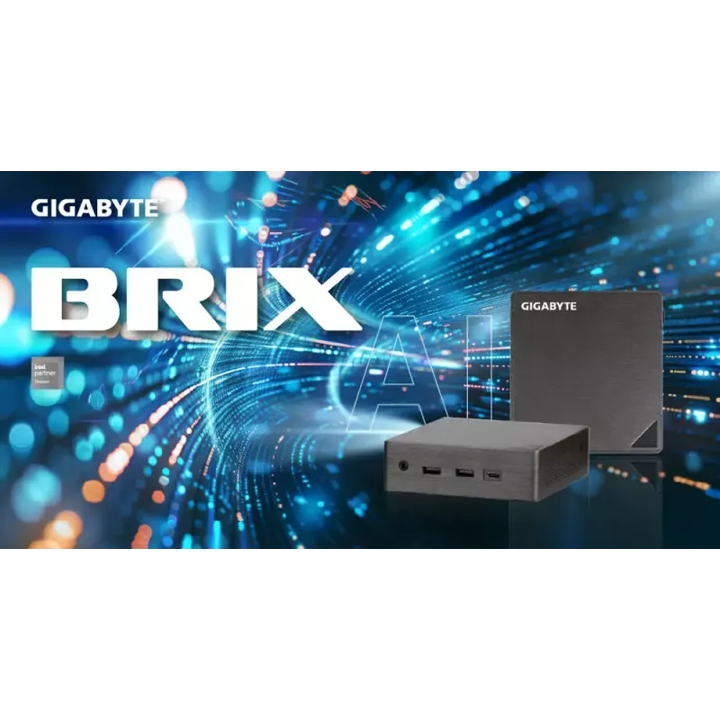 Mini PC barebone GIGABYTE BRIX Core Ultra 5 225H, 0,46 l korpusas, DDR5 SO-DIMM, 2 atminties lizdai, iki 96 GB, WiFi/BT, 2.5G LAN