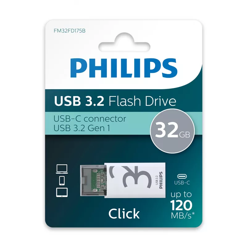 Philips Click USB atmintukas 32 GB USB Type-C 3.2 Gen 1 (3.1 Gen 1) Skaidrus, Baltas