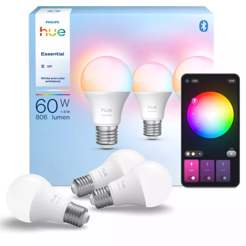 Philips Hue White and colour ambience Essential A60 – E27 išmanioji lemputė – 806 lm – 8 W – 3 vnt. pakuotė