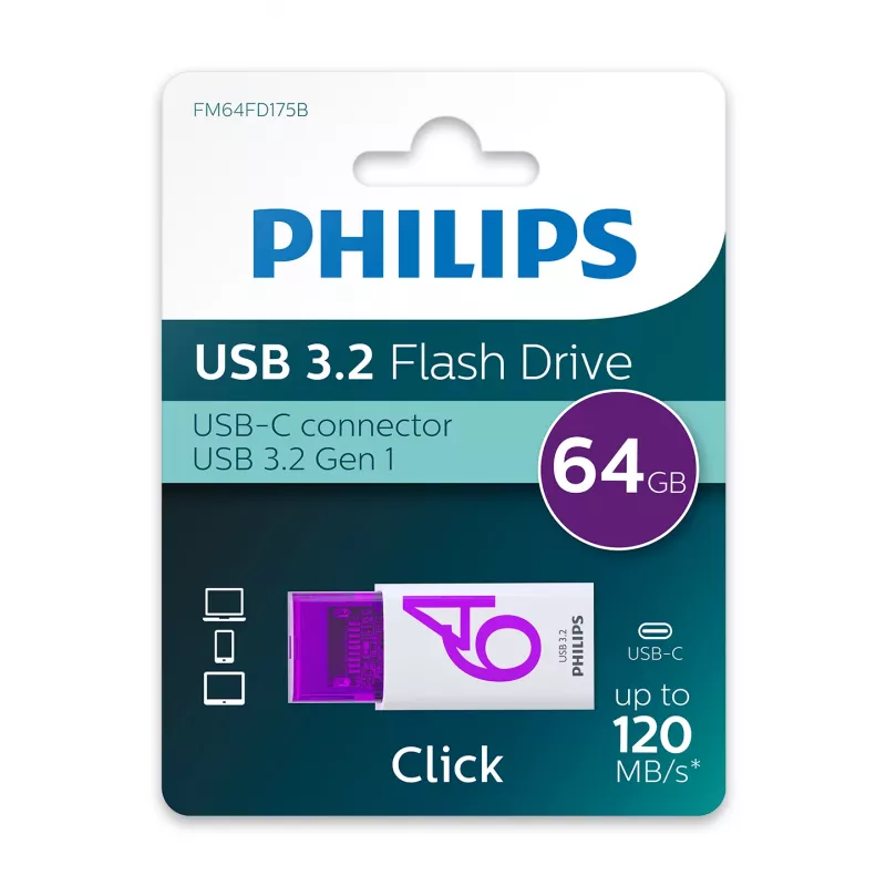 Philips Click USB atmintinė 64 GB USB Type-C 3.2 Gen 1 (3.1 Gen 1) Violetinė, Balta