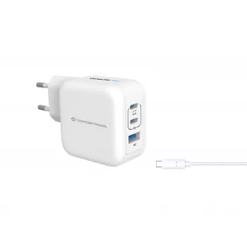 Conceptronic 3 prievadų 67W GaN USB PD įkroviklis su USB-C įkrovimo kabeliu, 2x USB-C, 1x USB-A, QC 3.0, PPS