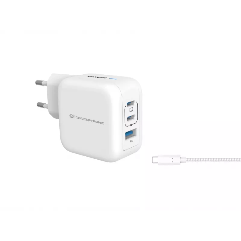 Conceptronic 3 prievadų 67W GaN USB PD įkroviklis su USB-C įkrovimo kabeliu, 2x USB-C, 1x USB-A, QC 3.0, PPS
