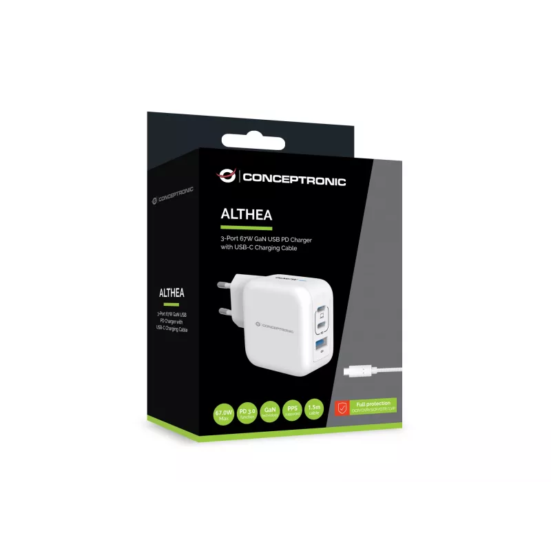 Conceptronic 3 prievadų 67W GaN USB PD įkroviklis su USB-C įkrovimo kabeliu, 2x USB-C, 1x USB-A, QC 3.0, PPS