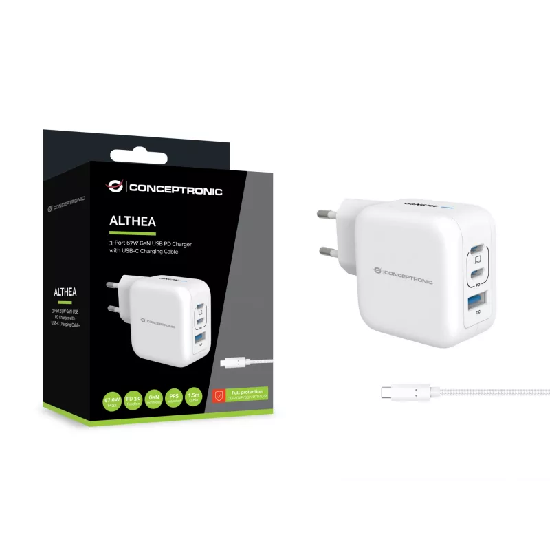 Conceptronic 3 prievadų 67W GaN USB PD įkroviklis su USB-C įkrovimo kabeliu, 2x USB-C, 1x USB-A, QC 3.0, PPS