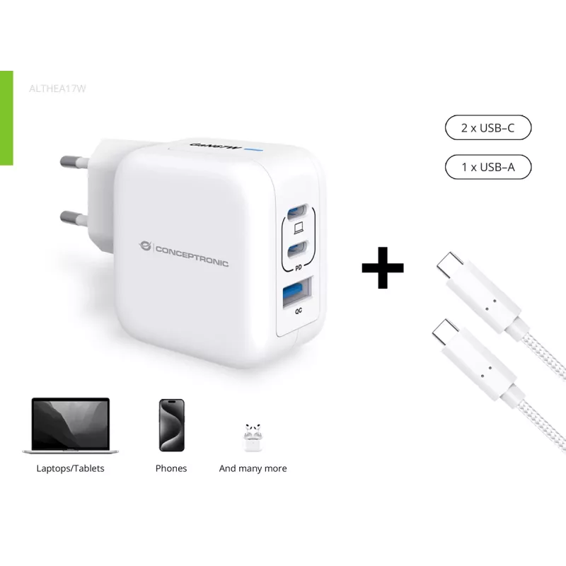 Conceptronic 3 prievadų 67W GaN USB PD įkroviklis su USB-C įkrovimo kabeliu, 2x USB-C, 1x USB-A, QC 3.0, PPS