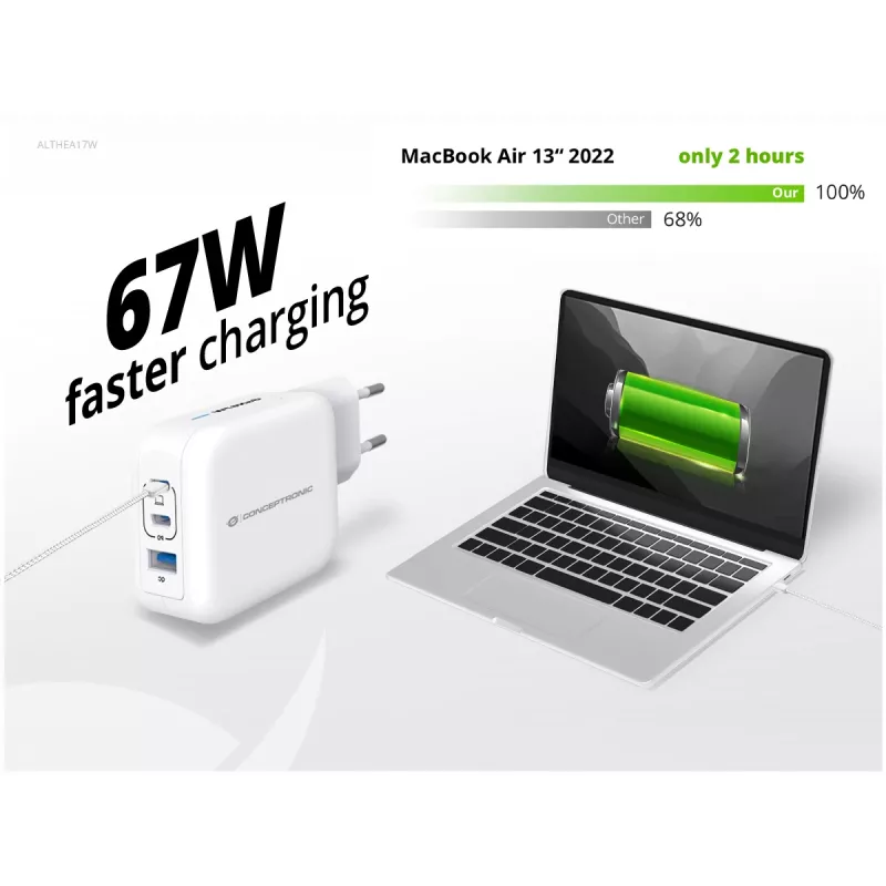 Conceptronic 3 prievadų 67W GaN USB PD įkroviklis su USB-C įkrovimo kabeliu, 2x USB-C, 1x USB-A, QC 3.0, PPS