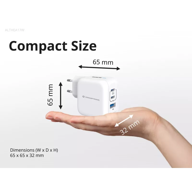 Conceptronic 3 prievadų 67W GaN USB PD įkroviklis su USB-C įkrovimo kabeliu, 2x USB-C, 1x USB-A, QC 3.0, PPS