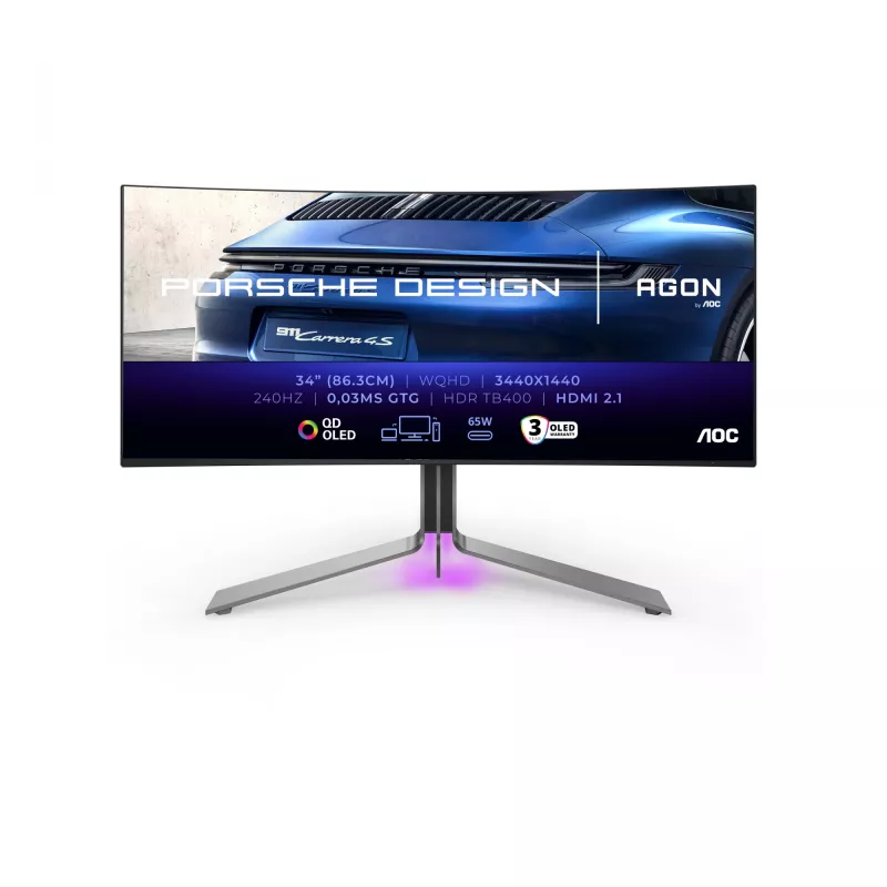 AOC Porsche PD34 kompiuterio monitorius 86,4 cm (34 col.) 3440 x 1440 pikselių „Wide Quad HD“ QD-OLED juodas