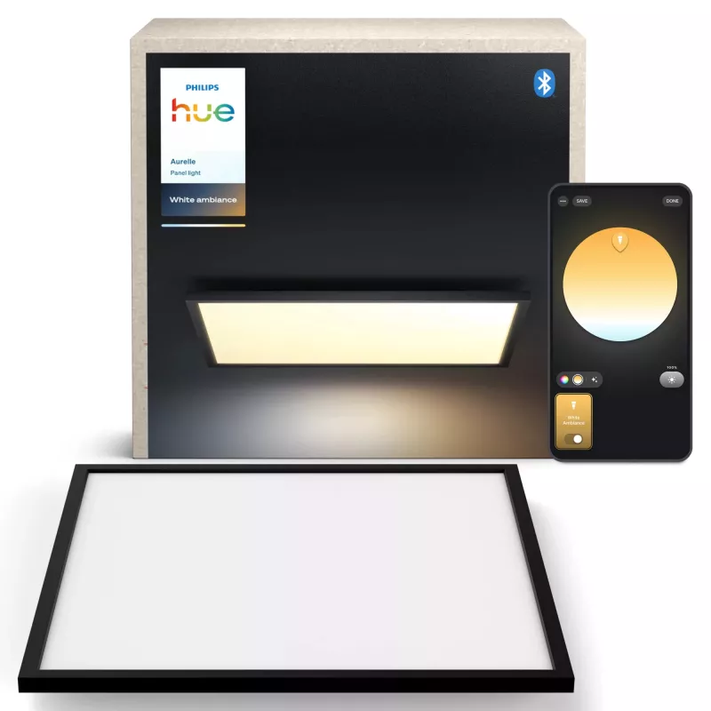 Išmanusis lubinis šviestuvas Philips Hue Aurelle Square Panel 600×600 mm, Bluetooth, 220–240V, 48 mm gylis, juoda/baltas